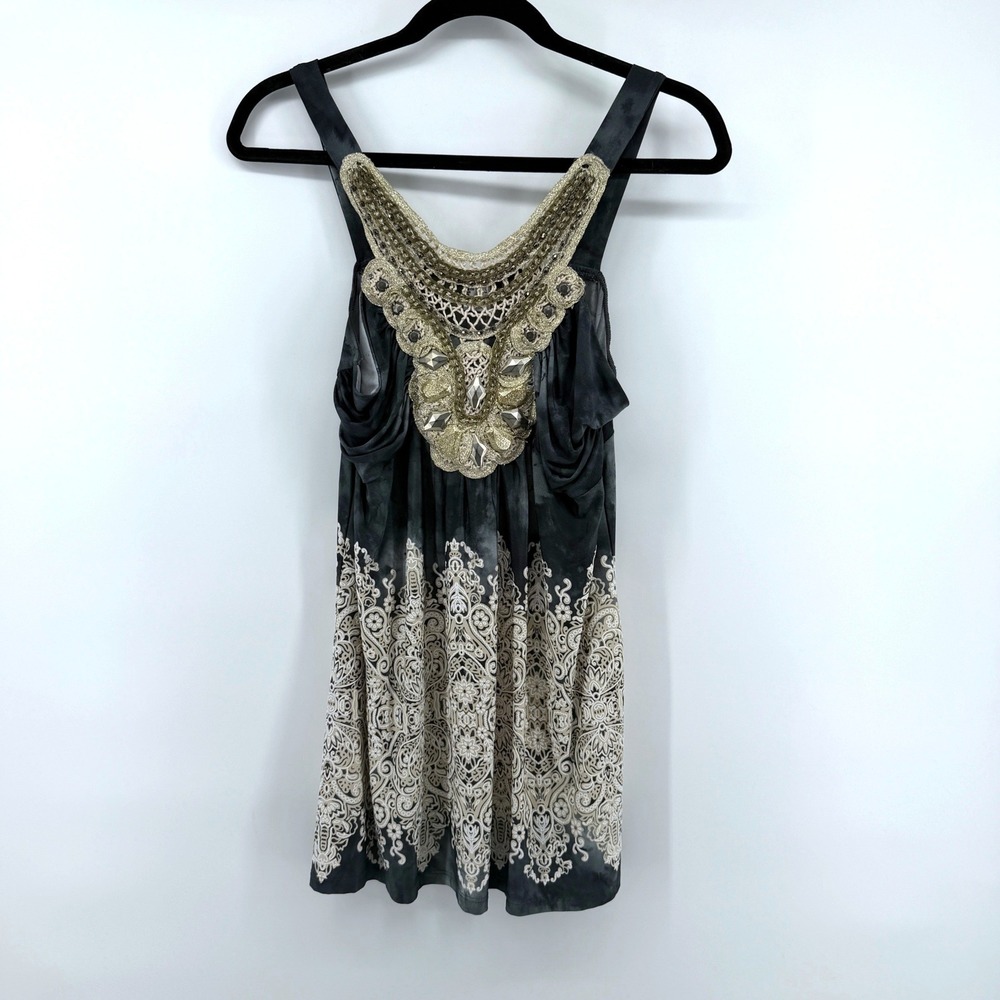 Venus Tank Top Embellished Beaded Neckline Large Gray Women Boho Tunic